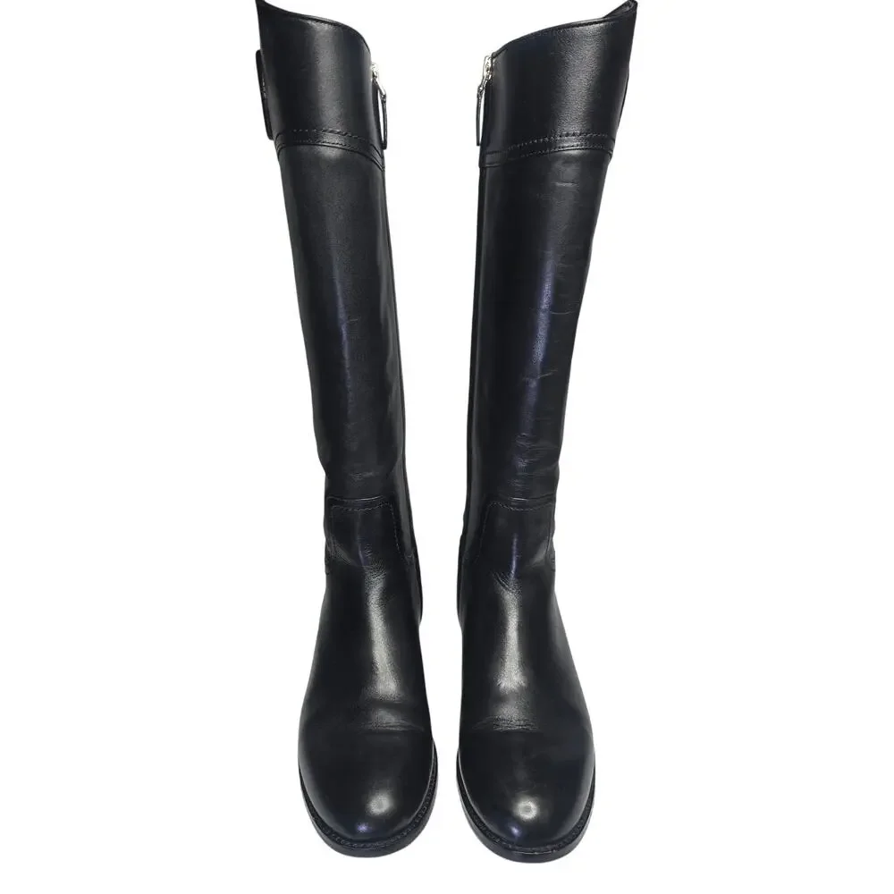 New Tory Burch Womens Ashlynn Black Leather Gold Logo Tall Riding Boots 8.5